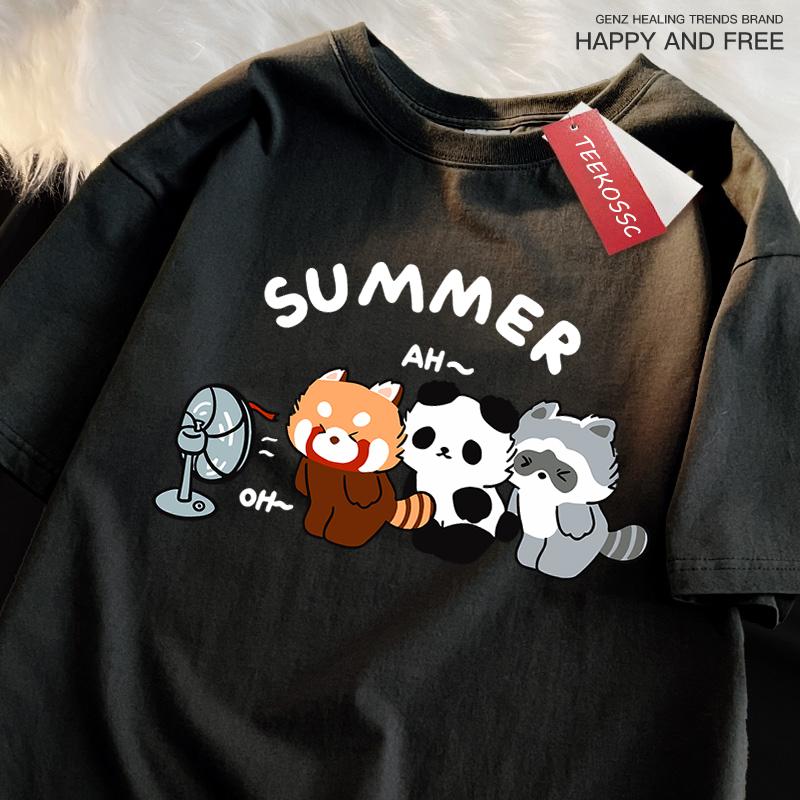 3 Raccoons Blowing Fans Print T-Shirt Street Breathable Tshirt Fashion Loose Tees Cotton Oversized Street Clothes Men Women