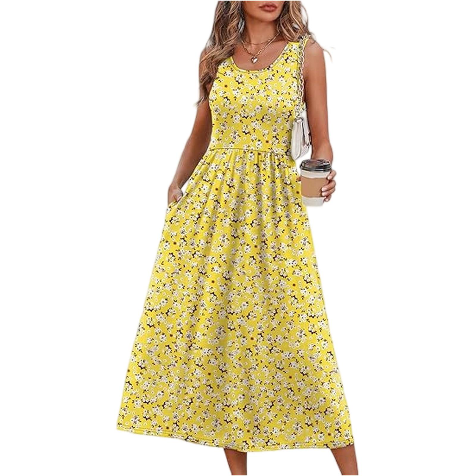 

Women s Fashion Pocket Half Sleeve Floral Mid-length Casual Dress XL жовтий