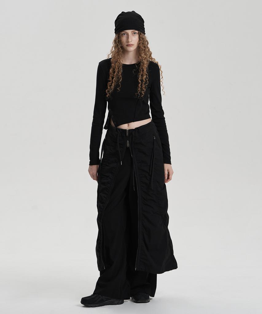 Jenyujeu Layered Belt Zipper Long Skirt - Black