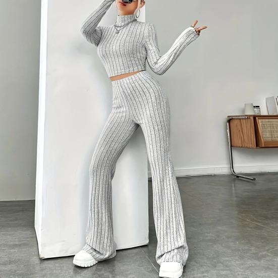 2Pcs/Set Women Solid Color Knitting Outfit Turtleneck Long Sleeve Cropped Tops High Waist