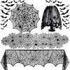 Indoor Halloween Decor Black Lace Table Runner Fireplace Mantel Scarf Round Tablecloth Cobweb Lampshade with 3D Bat Wall Sticker