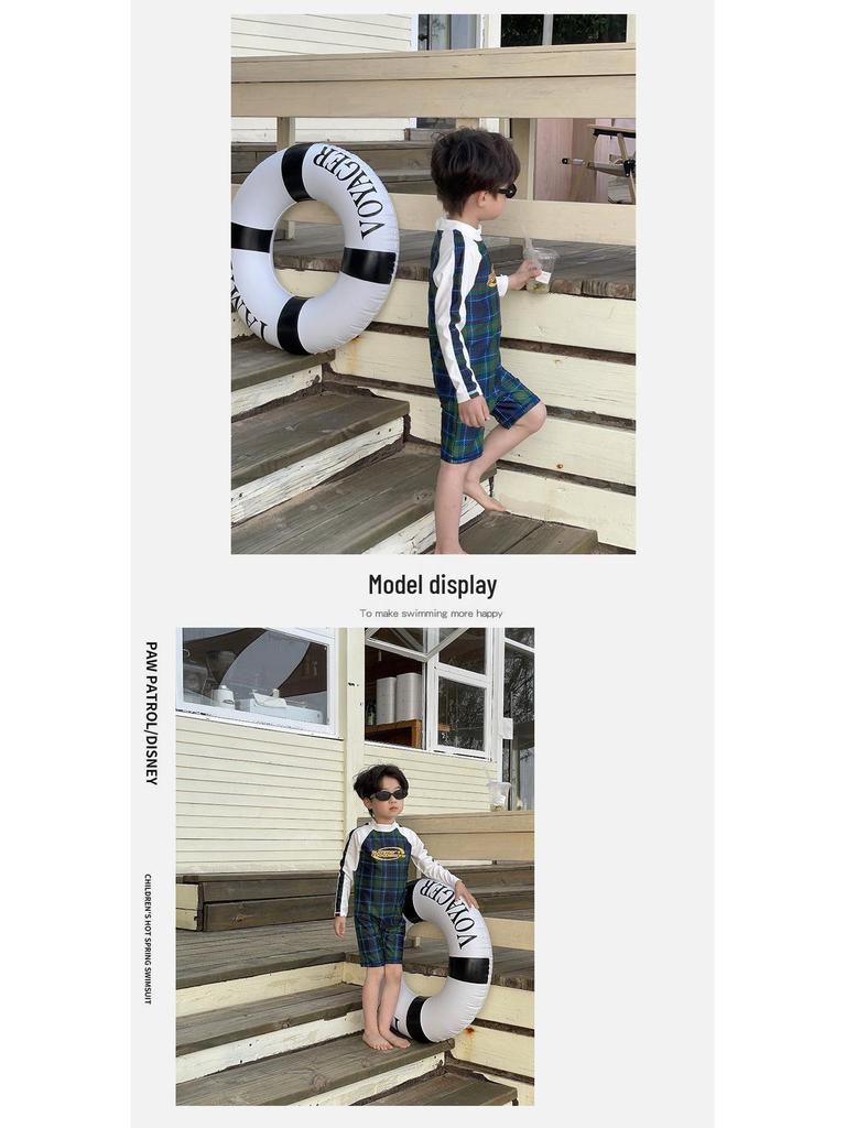 Children's Long Sleeve Plaid Patchwork One-Piece Swimsuit - Quick-Drying Swimwear for Beach & Holiday