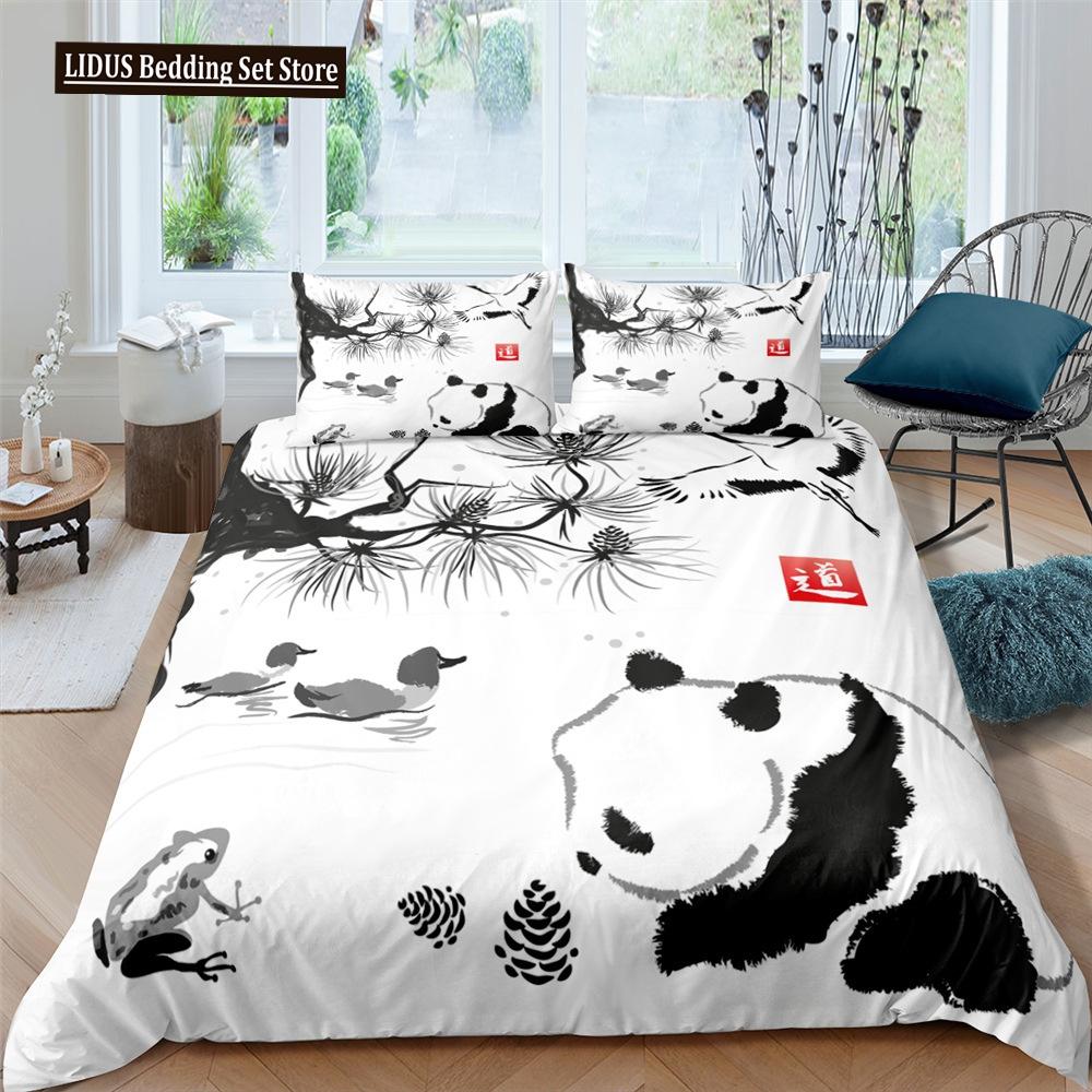 Panda Duvet Cover Set Cartoon Style Cute Kawaii Bear Drawing Comforter Cover For Kids Polyester Bedding Set King Queen Full Size
