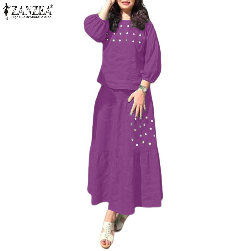 ZANZEA Women 3/4 Sleeve Blouse and Long Skirts Casual Two Piece Suit Sets