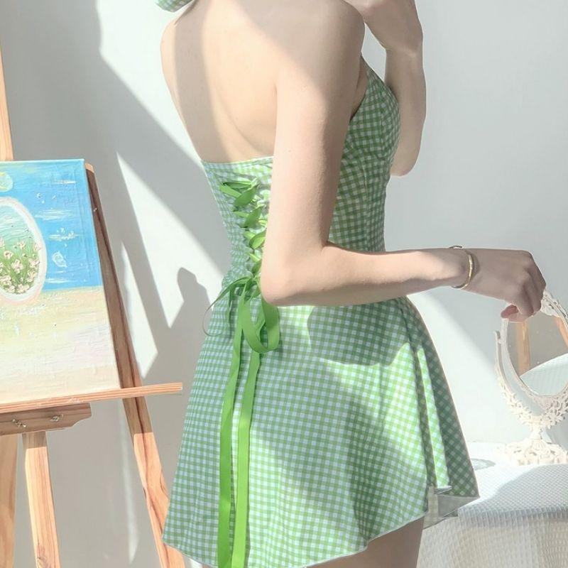 Pure Desire Wind Hanging Neck Skirt Girl Gathers Conservative One-piece New Swimsuit