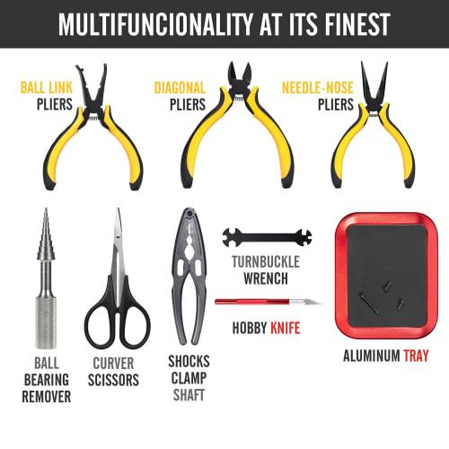 27-Piece RC Car Tool Kit with Flat, Phillips, and Hex Screwdrivers, Pliers, Cross Wrench, Body Reamer, Stand, and Polished Bar Hobby Repair Tools for