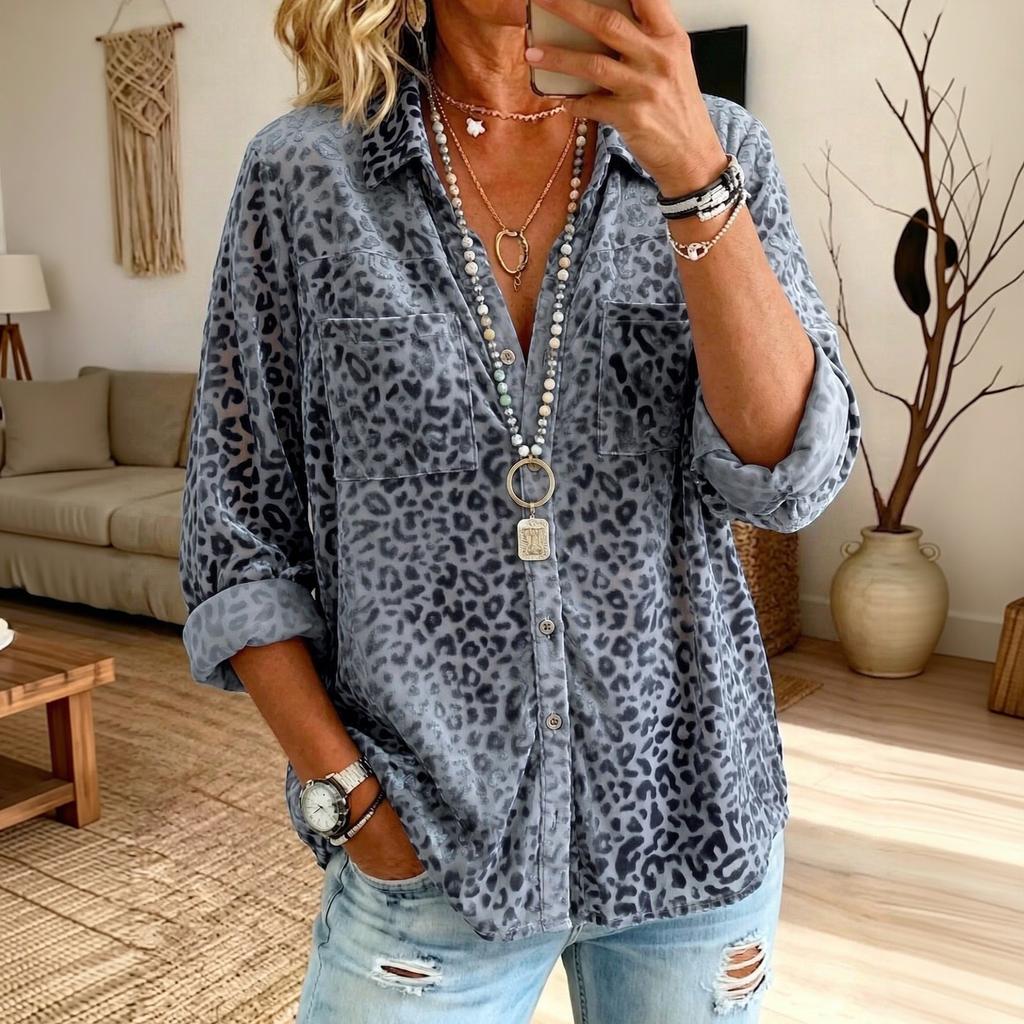 Women's Leopard Print Korean Shirt with Long Sleeve Lapel Collar, Double Pockets, Loose Fit Casual Fall Winter Top