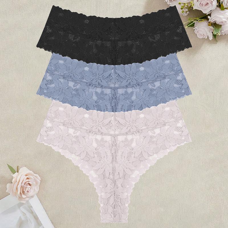 3Pcs/Set Women's High Waist Panties Ladies Sexy Lace Hollow Out Thong Breathable Transparent G-strings Solid Color Soft Lingerie