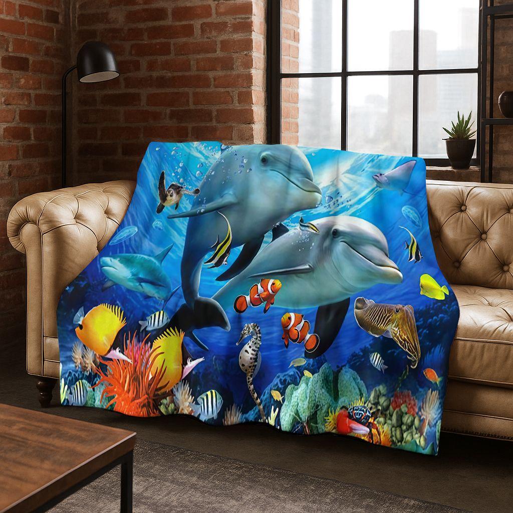Dream Underwater World Sea Dolphin Turtle Coral Art Flannel Blanket,Cozy Soft Throw Blanket for Home Bedroom Bed Sofa Gift Kids