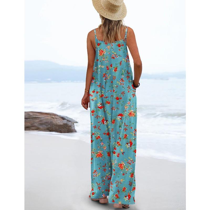 DAFIFY Women's Fashion Casual Summer Spring Flower Pattern Print Sleeveless Suspenders Loose Waistline Trousers Jumpsuits & Rompers