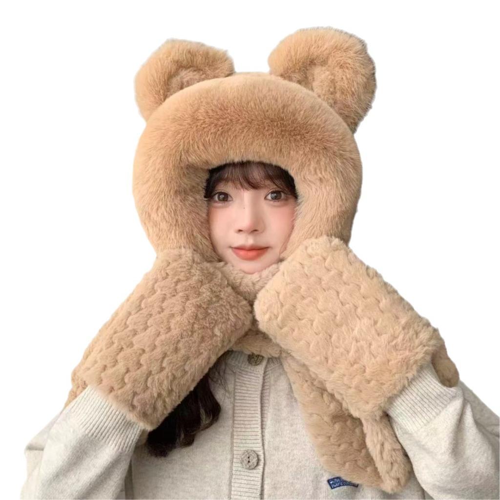Bear Hat for Women In Autumn and Winter Autumn and Winter Plush Yarn Tie Neck Ear Protection Hat Scarf Gloves Three Piece Set