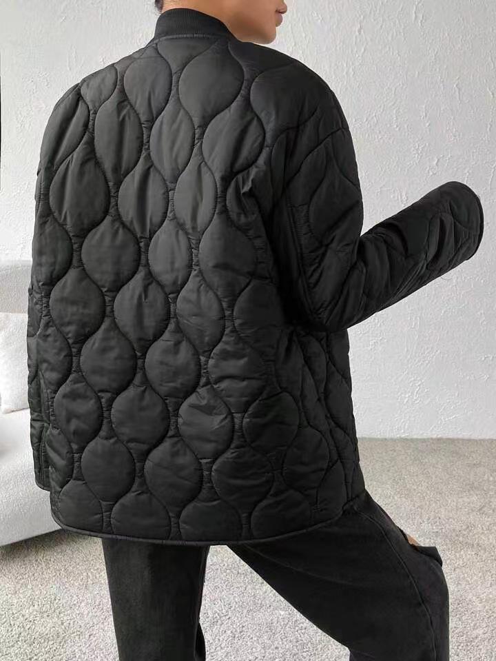 European & American Style Women's Quilted Diamond Pattern Cotton Jacket, Round Neck, Loose Fit - Autumn/Winter 2024 Collection.
