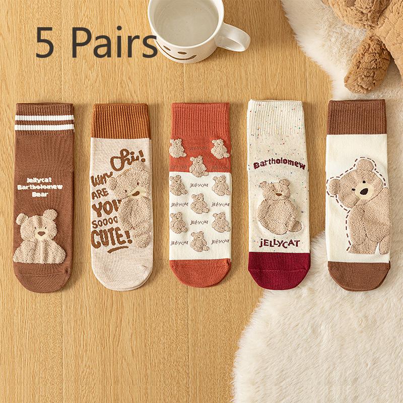 

5 пар женских осенне-зимних носков до середины икры, мультяшные носки прямого кроя в школьном стиле, бесшовные носки с мишкой для женщин, милые хлопковые носки с высоким голенищем 5 pairs