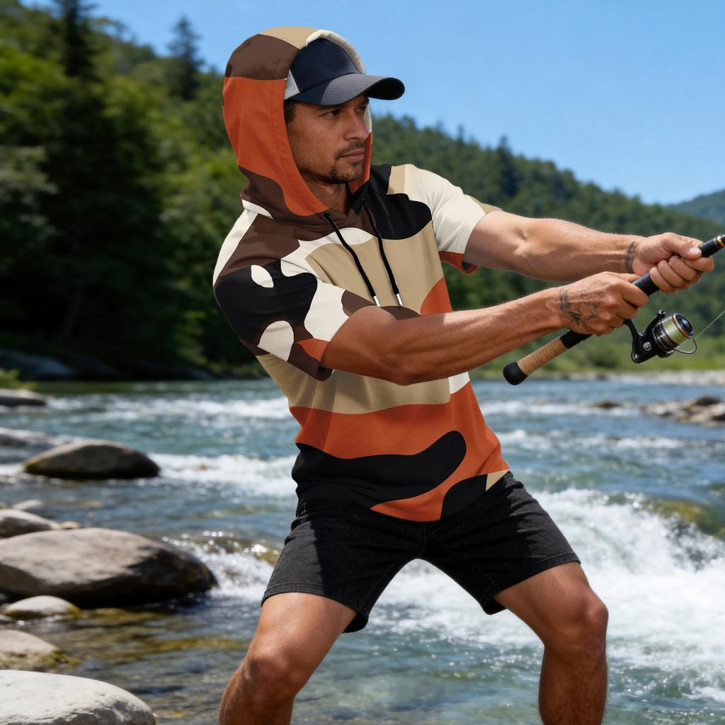 Men's Camouflage Print Raglan Sleeve Casual Sport Fishing Sun Protection Short Sleeve Hoodie Lightweight Breathable Outdoor Shirt