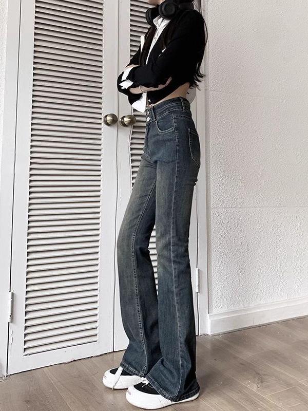 Högmidjade Flare Skinny Jeans i Storlek för Kvinnor - 2025 Sommar Smalande Vida Ben Golvlånga Byxor