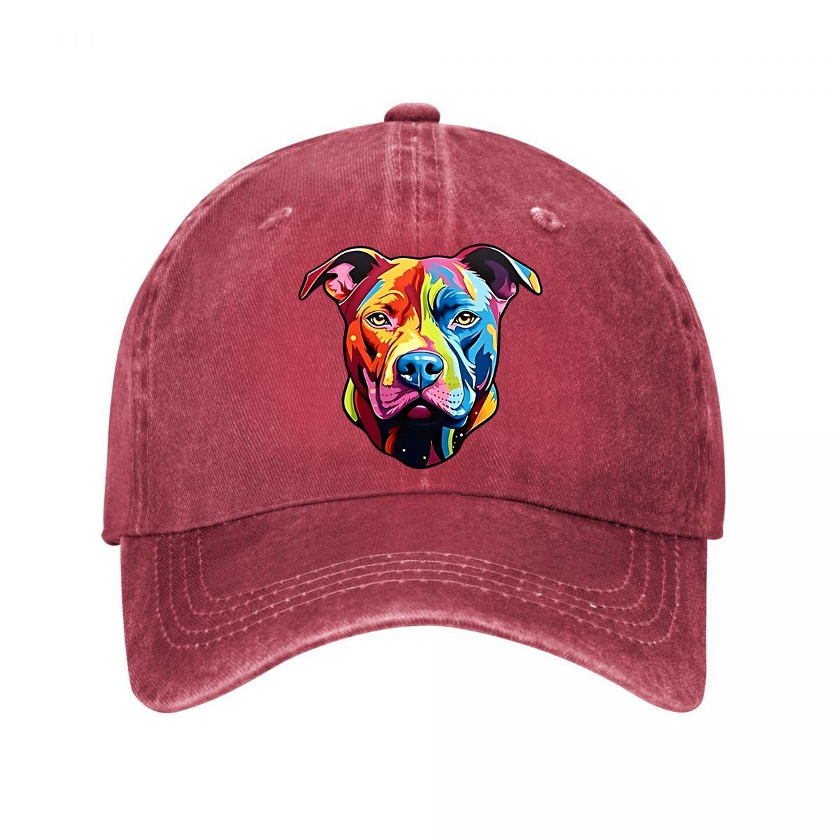 Black Baseball Cap With Colorful Pitbull Print Washed Baseball Cap Adjustable