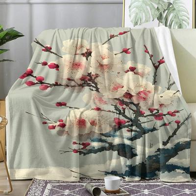 Jeté Fleur de Prunier Flanelle Douce Couverture AC Légère pour Sieste d'Été Couverture Douillette pour Canapé Lit Voyage Maison