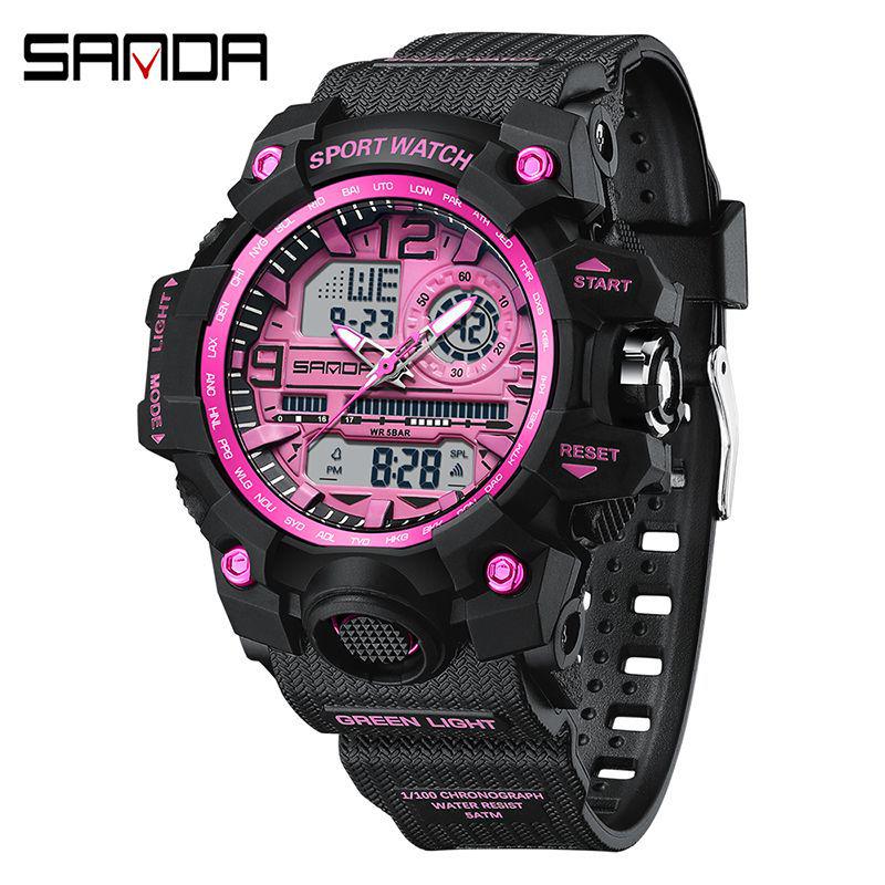 SANDA Women's Trendy LED Dual Display Waterproof Watch with Hourly Chime