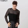 INCERUN Men Long Sleeve Patchwork Mesh Sheer See Through Tops T-shirts Undershirts
