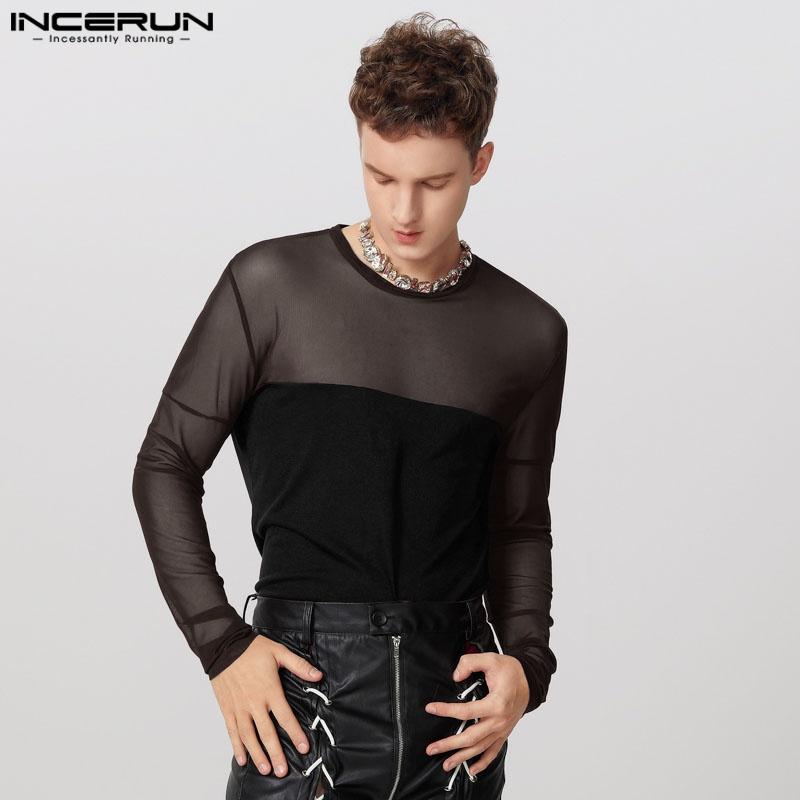 INCERUN Men Long Sleeve Patchwork Mesh Sheer See Through Tops T-shirts Undershirts