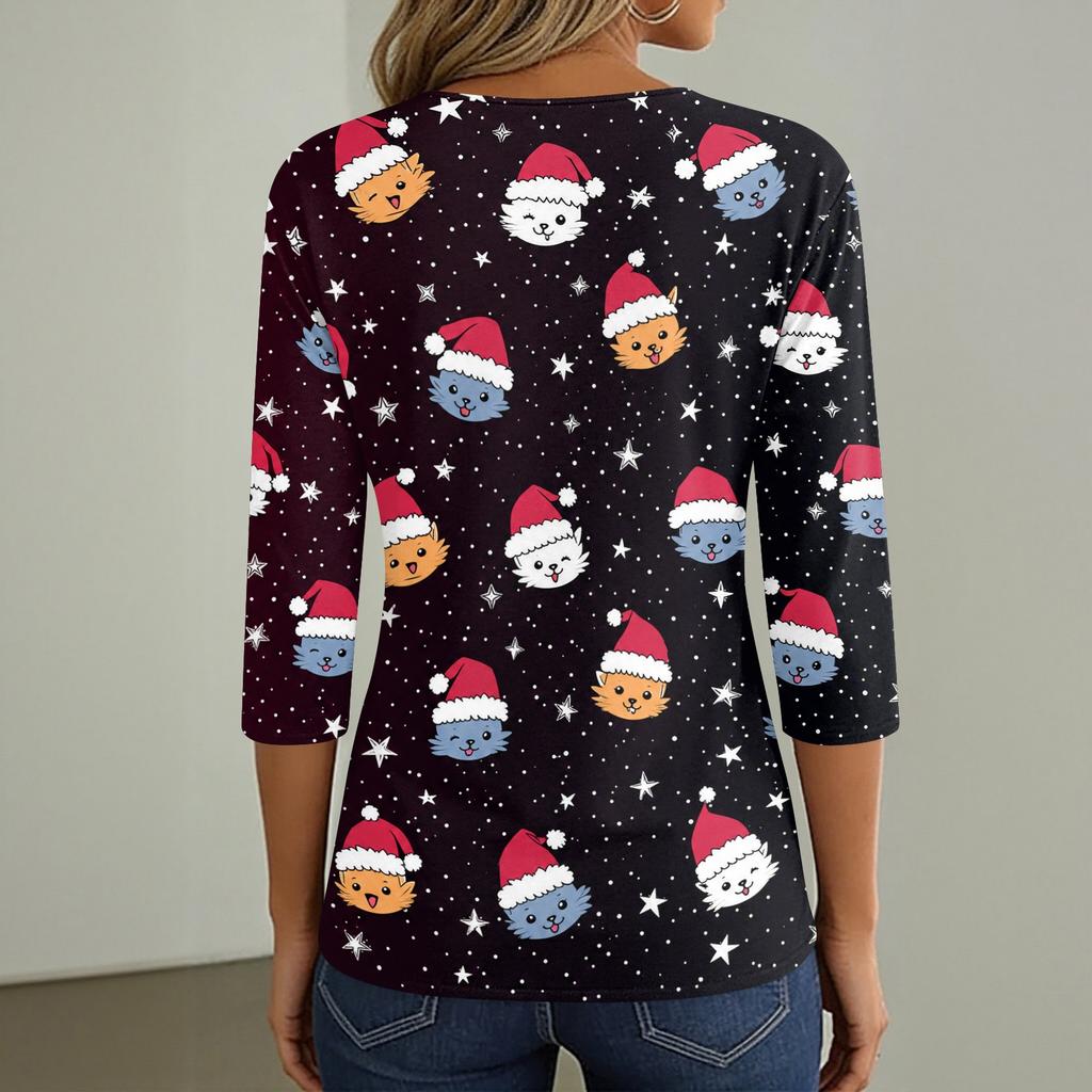 Women's Casual Christmas Print V-Neck 3/4 Sleeve Button T-Shirt