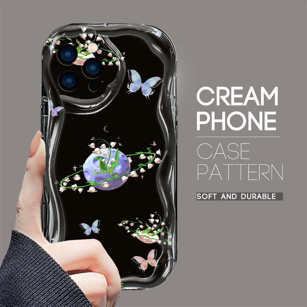 For iPhone 16 15 14 13 12 Pro Max Samsung S24 Ultra S23 S22 Plus Redmi Note 13 Pro Flowers Cream Texture Casing Wavy Edge Soft Silicone Phone Case