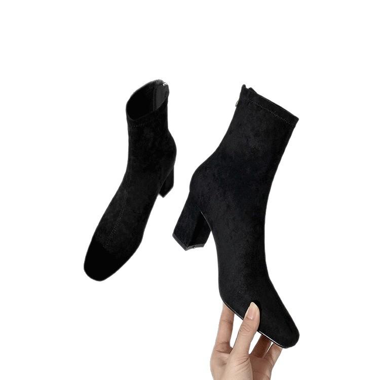 2025 autumn and winter high-heeled women's shoes pointed thick-heeled short boots thin velvet elastic thin socks boots Martin boots