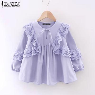 Women Vintage Round Neck Ruffle 3/4 Sleeve Lace Blouses