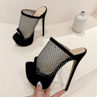 Fashion Open Toe CRYSTAL Mesh Fabric  Women Slippers Sexy Nightclub Stiletto Platform High Heels Female Shoes