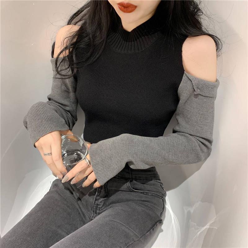 Colorblockové pulovry Módní ležérní sexy svetr Dámská slim mikina