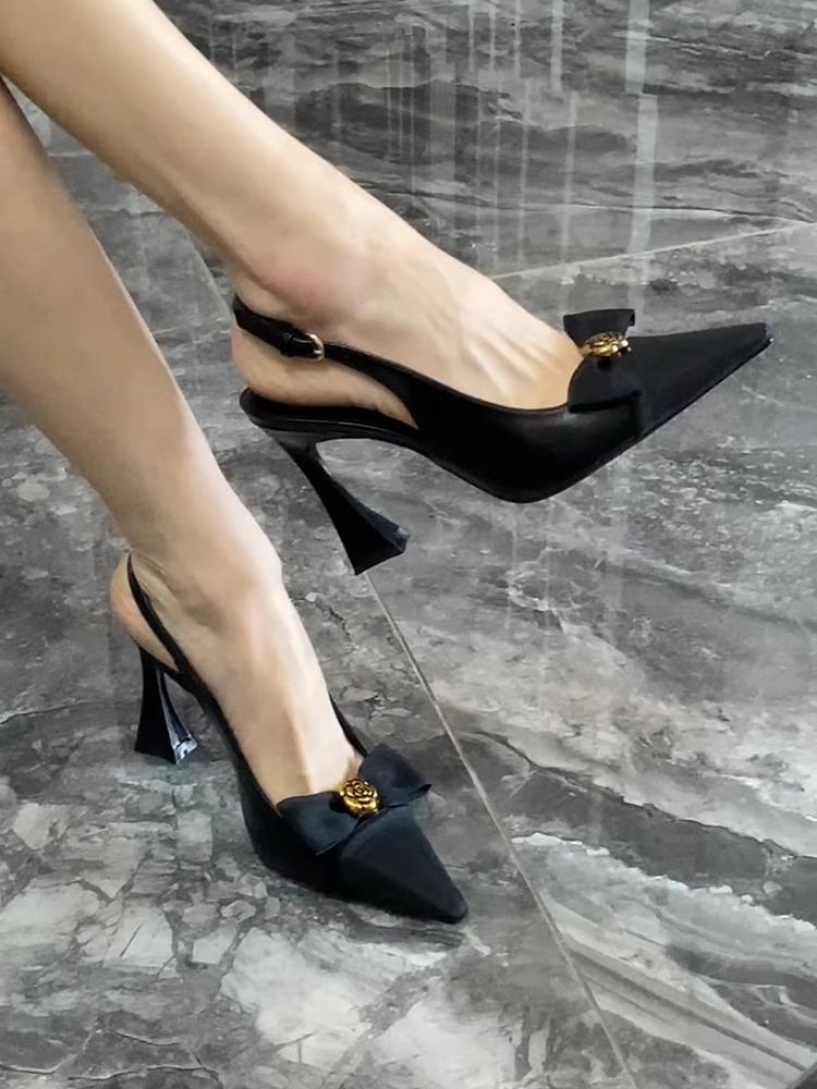 Black word with hollow bow camellia sandals women's horseshoe heel breathable comfortable pointed fashion high heels