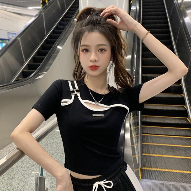 Tricou de damă cu mânecă scurtă, top cu contrast de culoare, decupat, neregulat, aspect fals două piese