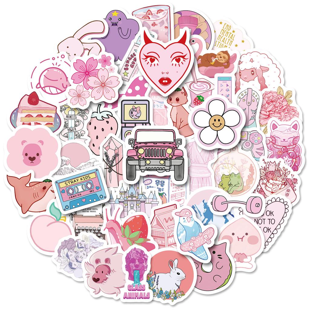 200 Color Mix And Match Pink Stickers, Cartoon Cute Pink Fresh Stickers
