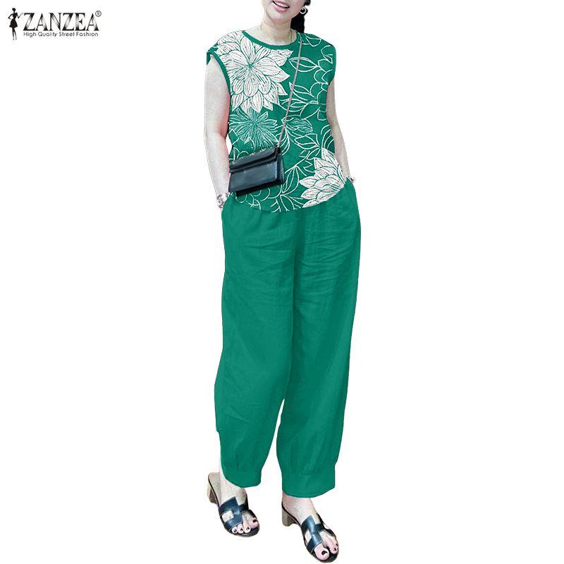 ZANZEA Dámské tiskové tílka a kalhoty, ležérní dvoudílné oblekové soupravy