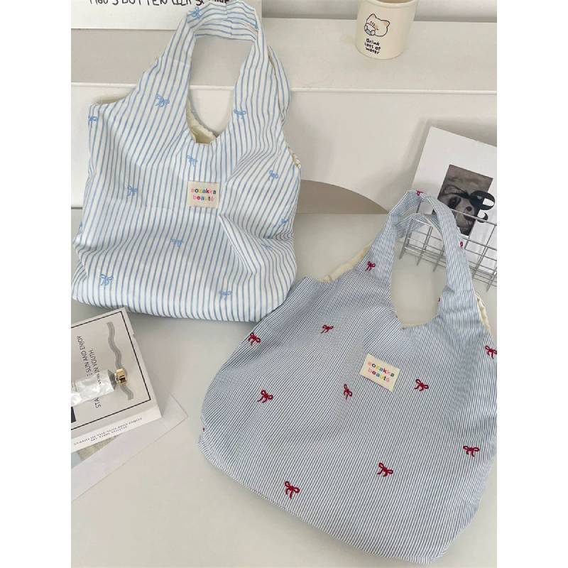 Summer Plaid Embroidered Tote Bag With Zipper Pocket For Casual Day Out