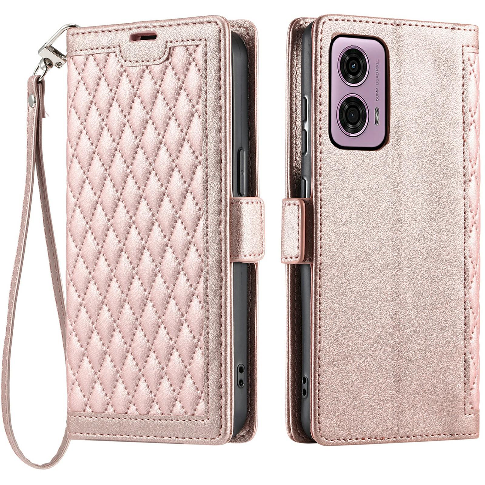 

For Motorola Moto G24 4G/G04 4G Leather Case Rhombus Texture Wallet Stand Phone Cover with Wrist Strap C