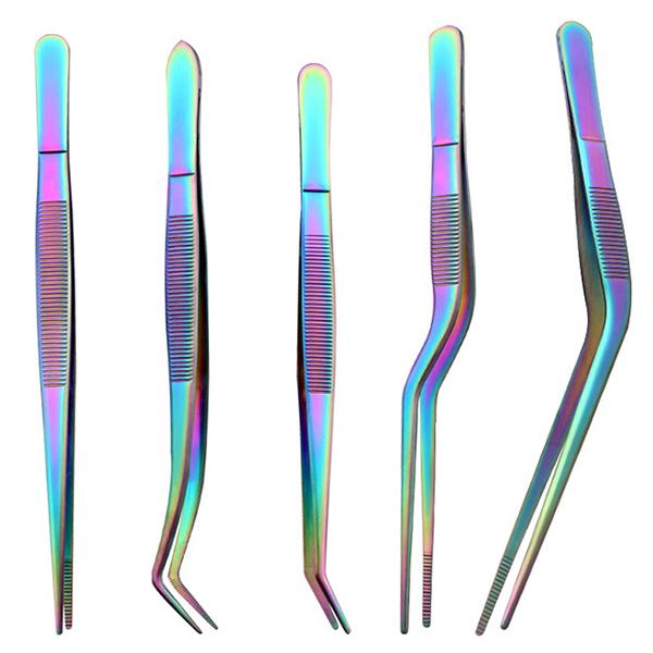 5Pcs Kitchen Culinary Plating Tweezers with Serrated Tips, 6.3-Inch Stainless Steel Tongs Set for Cooking Baking Cake Decor