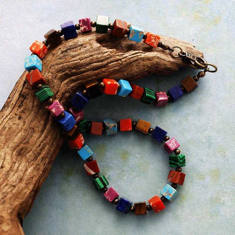 Bohemian 7-Color Chakra Emperor Stone Simple And Fashionable Square Grain Short Scarf Necklace Popular First