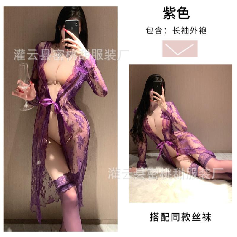 Sexy pajamas hot long-sleeved transparent lace-up dress sexy lace perspective home nightdress temptation