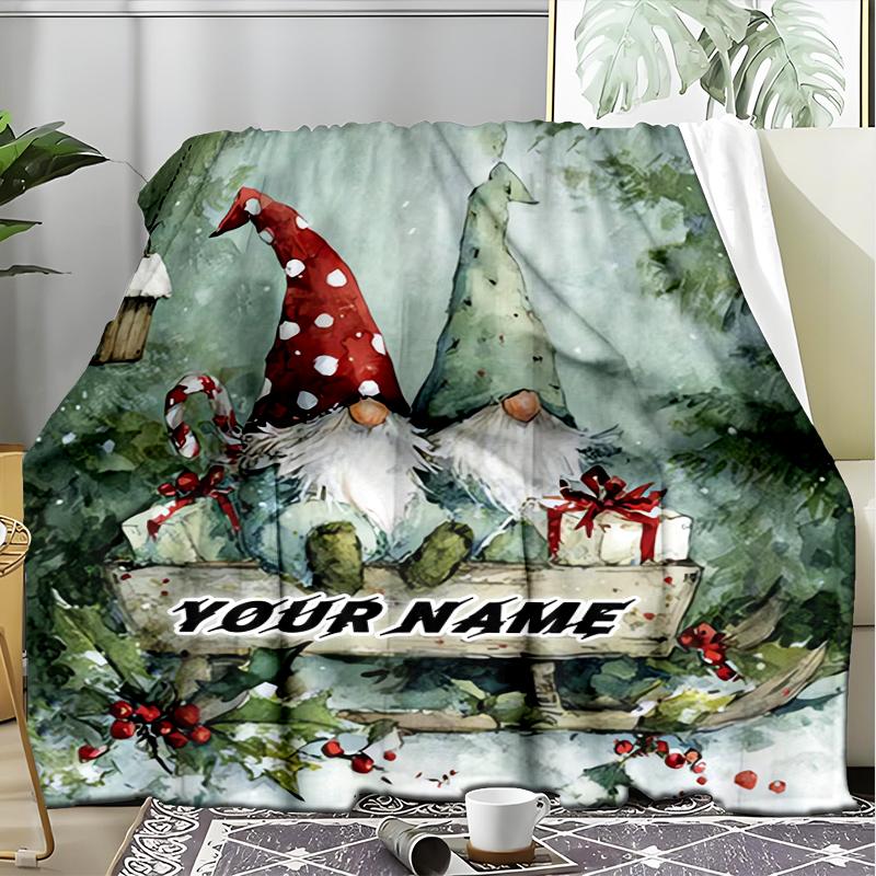 1PC Custom Name Winter Gnome Sleigh Ride Outdooor Flannel Blankets Throw Blanket All-Season Throw Gift Bedspread for Couch, Bed, Camping Holiday Birth