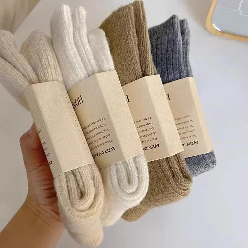 Casual Solid Long Socks Women Simple Retro Cotton Stockings Warm Plush Sleeping Snow Sox Harajuku Thermal Medium Tube Sock
