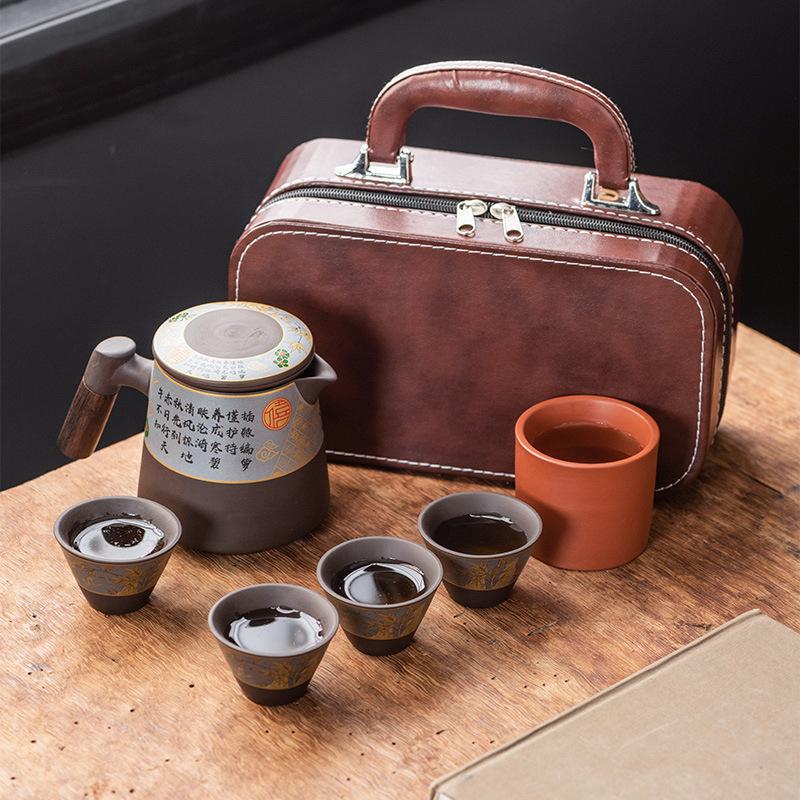 Purple sand travel tea set Kuaike teacup, one pot and four cups, outdoor portable, high-end retro light luxury business gifts
