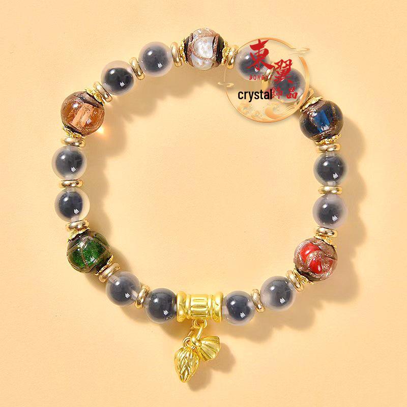 White Sugar Heart Agate Gold Foil Luck Bead Bracelet with Scenic Incense Ash Porcelain Glaze.