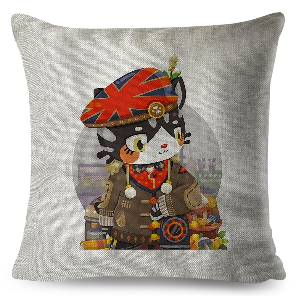 Adorable Cat Character Cushion xcm Original Fantasy Theme Illustration High Resolution Print Woven Fabric Cover 40x40cm