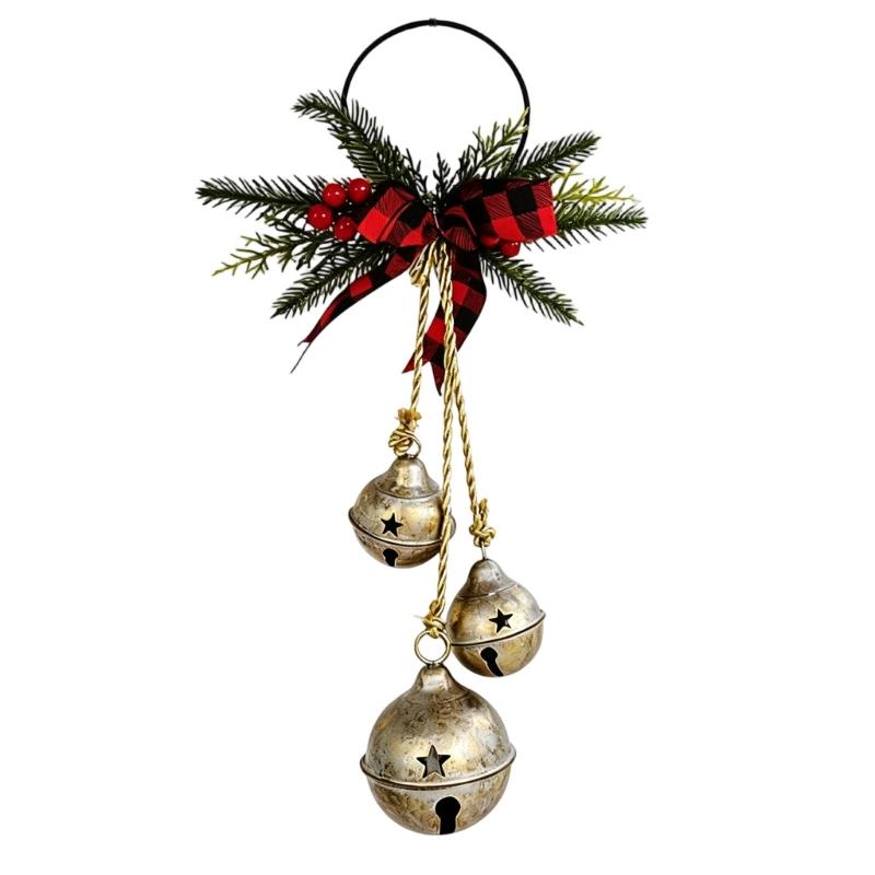 Metal Jingled Bells Christmas Hanging Ornaments Metal Bells Cluster with Tartans Ribbon for Mantels and Entryway Displays