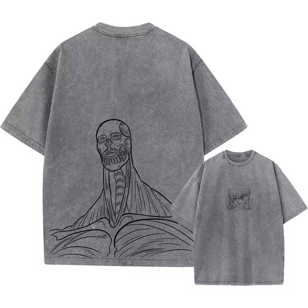 Colored Washed T-shirt Printed Retro Harajuku Top with Anime Attack Titan Graphics Neutral Summer Cotton Loose