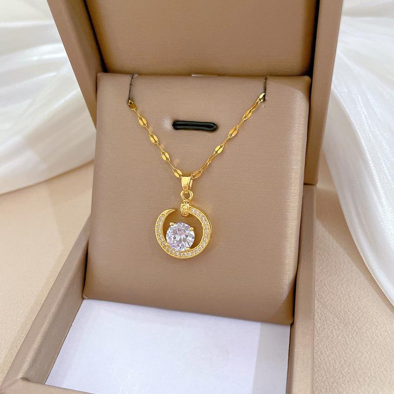 Zircon Moon Light Luxury Temperament Gorgeous Full Diamond Necklace Female Versatile Collarbone Chain Titanium Steel Chain