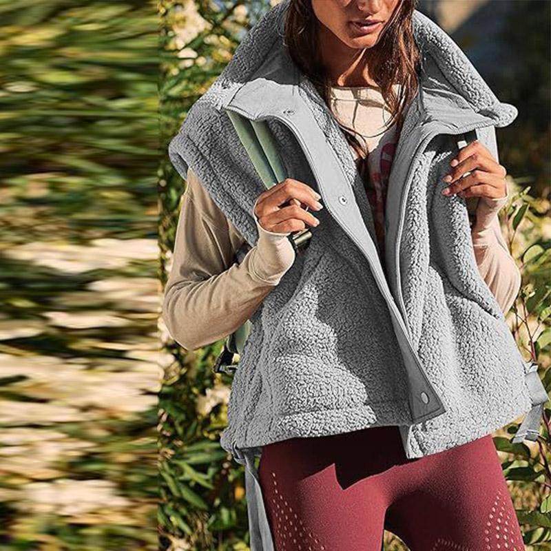 Fall and Winter Women's Faux Wool Vest Casual Sleeveless Jacket Oversized Buckle Vest Coat with Pockets
