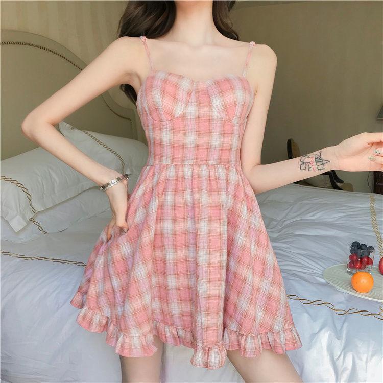 New summer sweet pink plaid suspender dress women's summer small fresh student skirt Korean version girl
