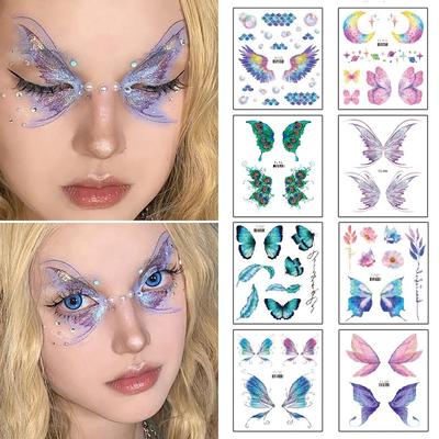 Fairy Butterfly Wings Shiny Tattoo Sticker Waterproof Eyes Face Hand Body Art Fake Tattoos For Women Makeup Dance Music Festival